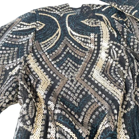 Chico's Sheer Open Jacket Travelers Collection Gold Black Geometric SZ L Sequin - Picture 5 of 11